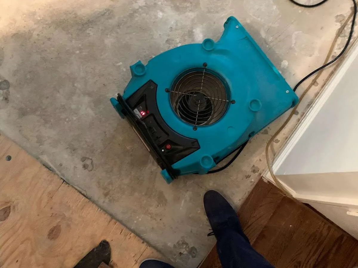 Air mover drying subfloor during Commercial Water Damage Restoration in South Fulton